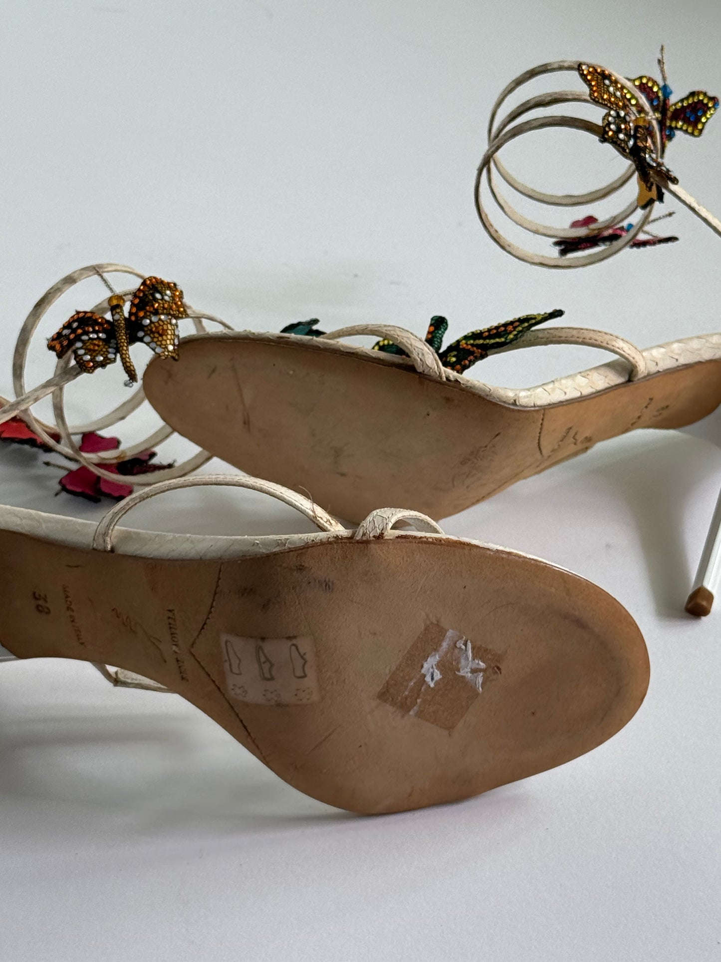 René Caovilla Butterfly Crystal Embellished Snakeskin Sandals (IT38 / US7.5-8)