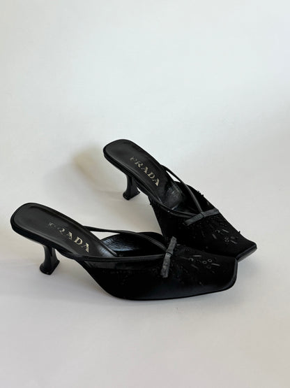 Prada Satin Beaded Black Bow Mules (IT37 / US6-6.5)
