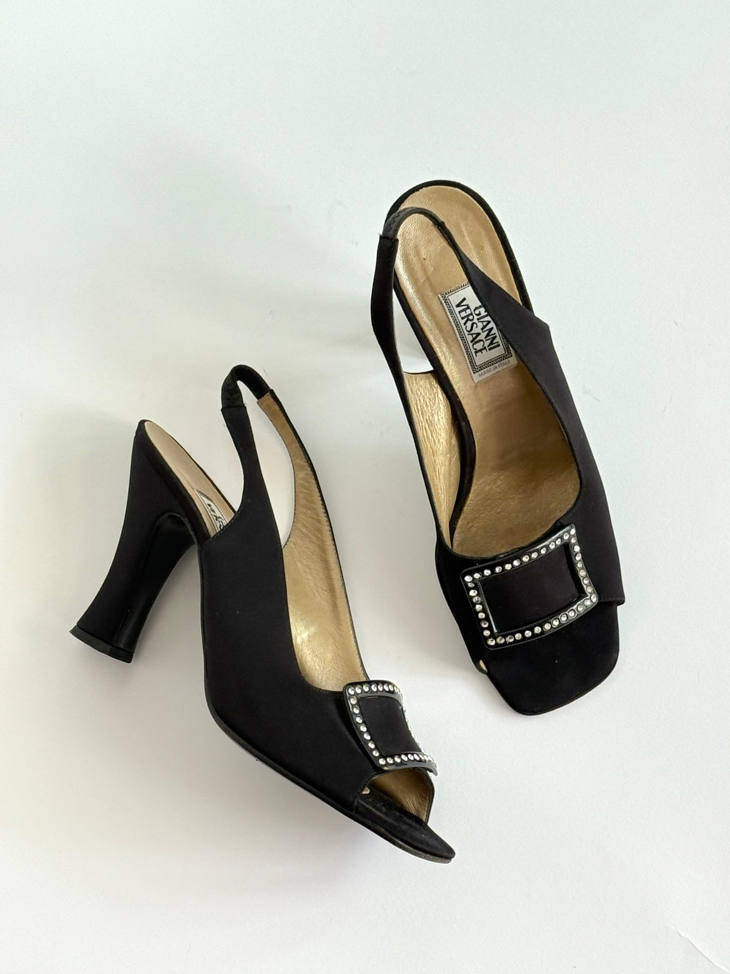 FW1996 Versace Black Satin Buckle Rhinestone Slingback Pumps (IT39 / US8.5-9)