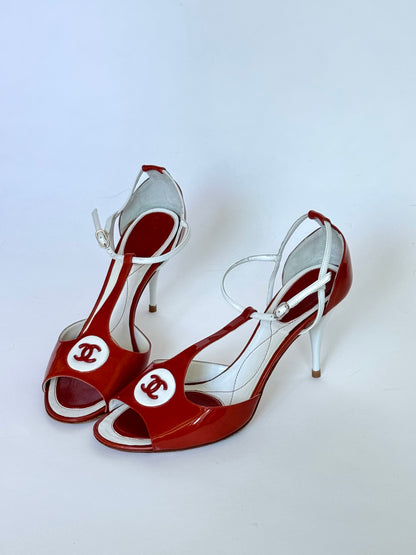 2006 CHANEL Orange CC Peep Toe T-Strap Slingback Heels (IT41 / US9.5-10)
