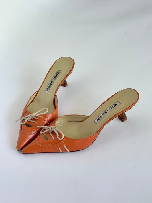 Manolo Blahnik Leather Orange Broguing Bow Mules (IT36.5 / US5.5-6)