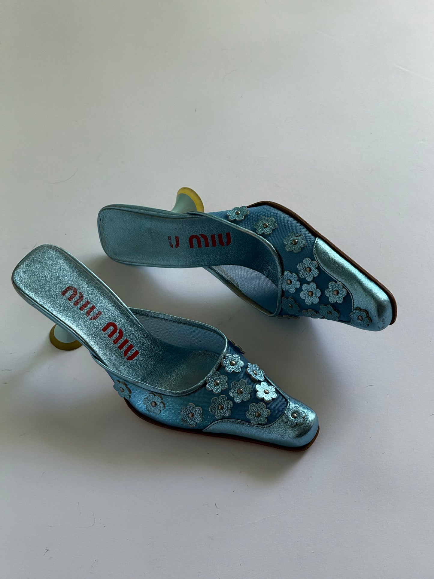 SS1999 Miu Miu Metallic Blue Mesh Floral Mules (IT37 / US6-6.5)