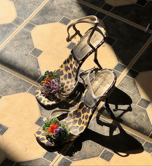 Dolce & Gabbana Cheetah Print Silk Beaded Flower Heels (IT37 / US7-7.5)