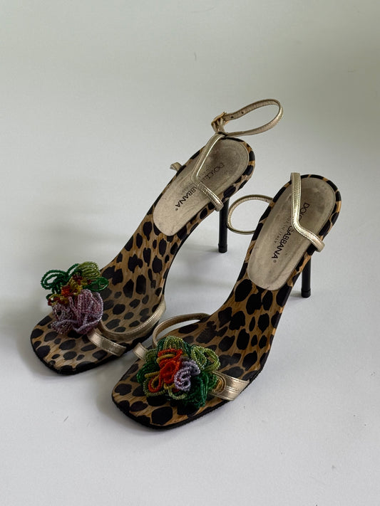 Dolce & Gabbana Cheetah Print Silk Beaded Flower Heels (IT37 / US7-7.5)