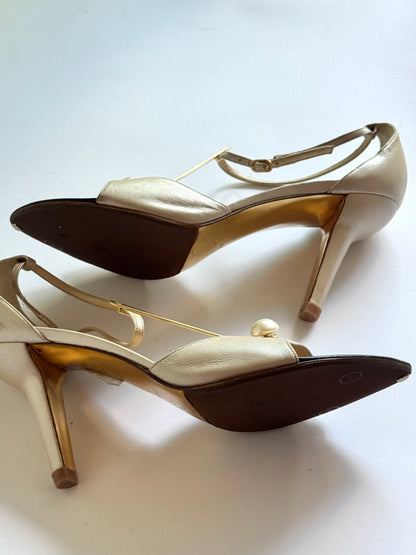 CHANEL Satin Ivory Pearl T-Strap Heels (IT37 / US7-7.5)
