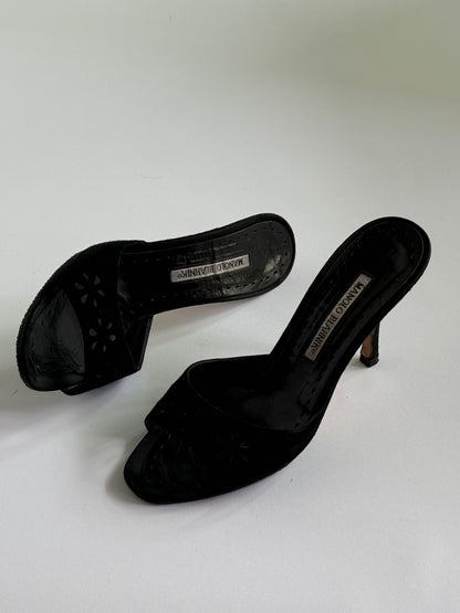 Manolo Black Suede Cutout Eyelet Black Suede Slides (IT38 / US7-7.5)