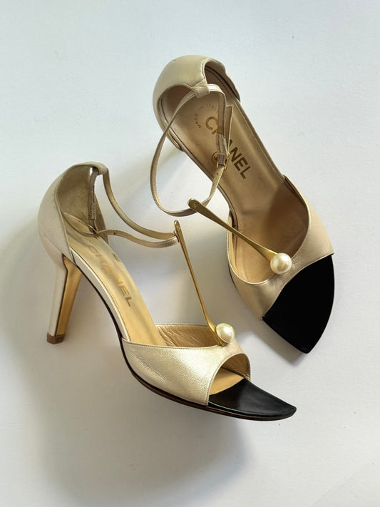 CHANEL Satin Ivory Pearl T-Strap Heels (IT37 / US7-7.5)