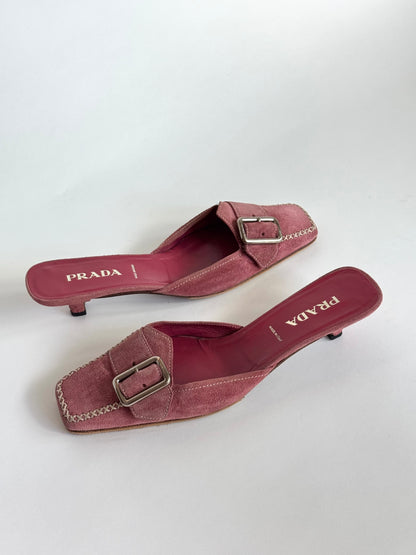 Prada Pink Suede Buckle Mules (IT36.5 / US6-6.5)