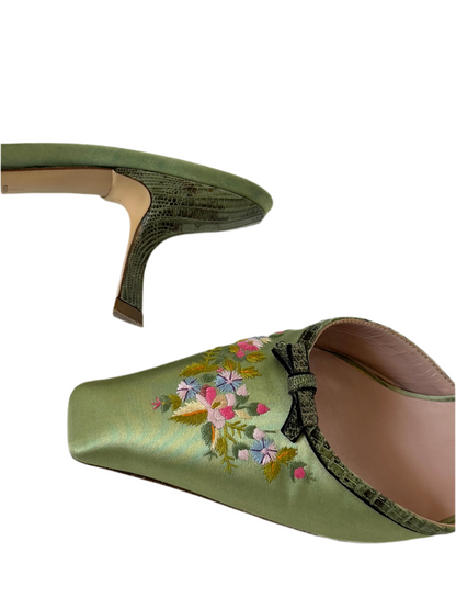 Vintage Prada Green Embroidered Mules with Snakeskin Bow (IT37 / US6.5)