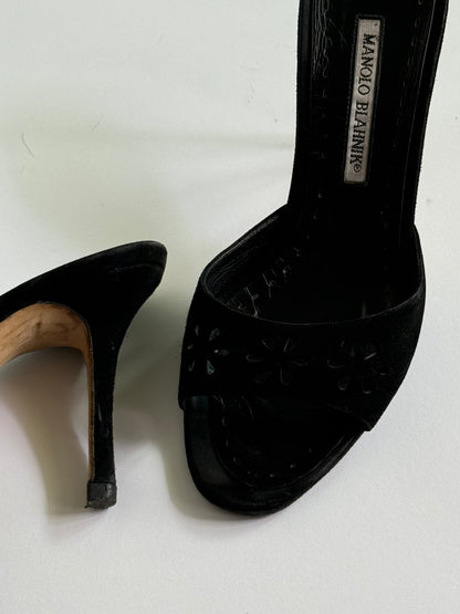 Manolo Black Suede Cutout Eyelet Black Suede Slides (IT38 / US7-7.5)