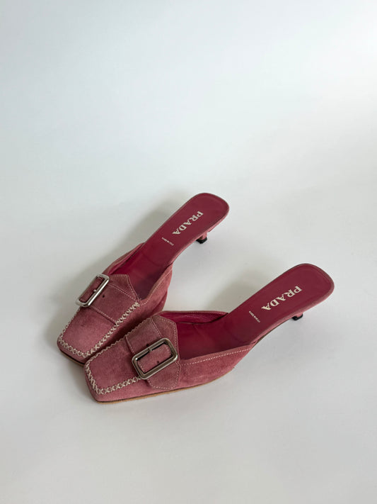 Prada Pink Suede Buckle Mules (IT36.5 / US6-6.5)