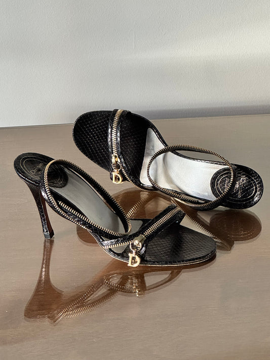 SS2001 Christian Dior Snakeskin Black Zipper Sandals (IT38.5 / US8.5-9)