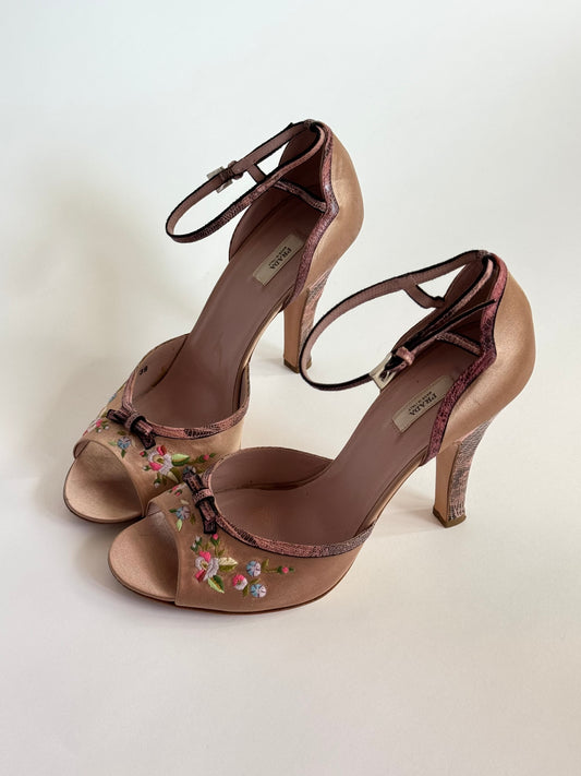 Prada Satin Beige Embroidered Flower Snakeskin Bow Sandals (IT39 / US8.5-9)