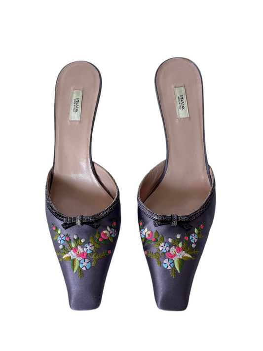 Prada Embroidered Purple Mules with Snakeskin Phone (IT37 / US6.5)